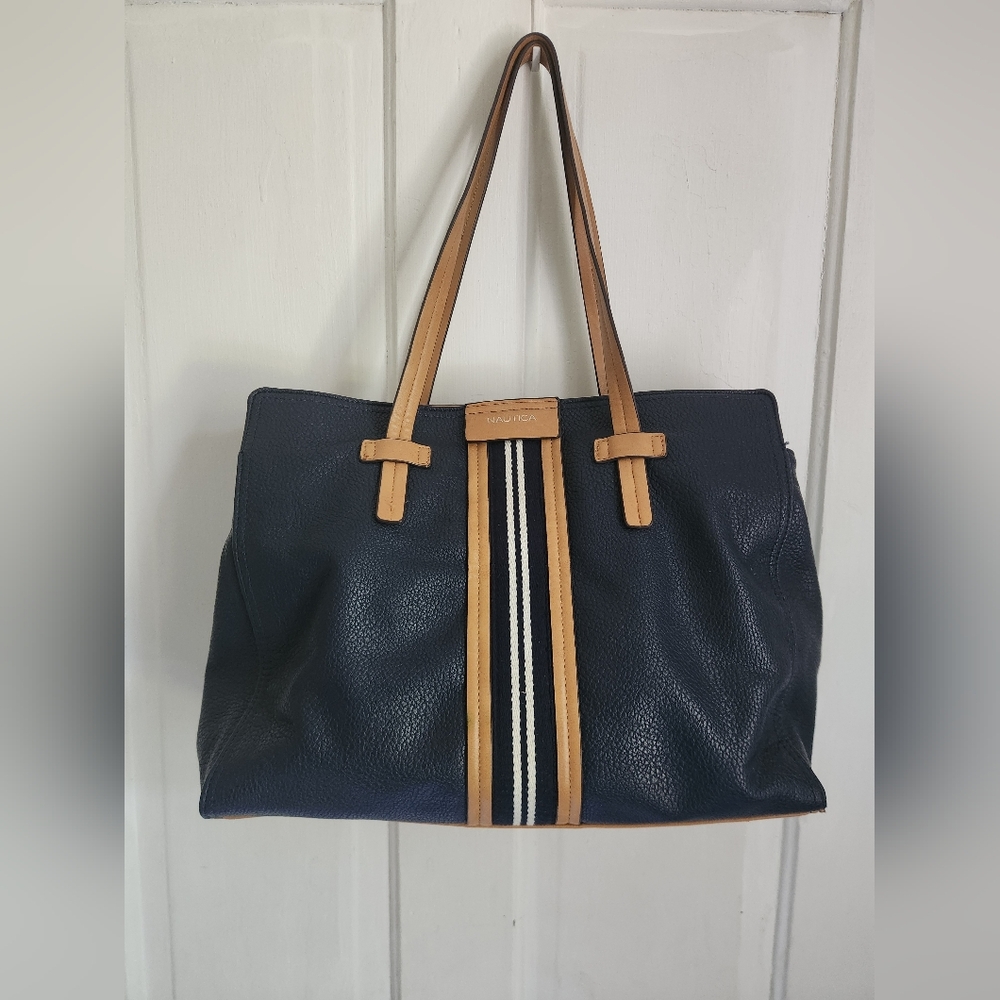 Navy Blue Leather Tote Bag with Tan Accents
